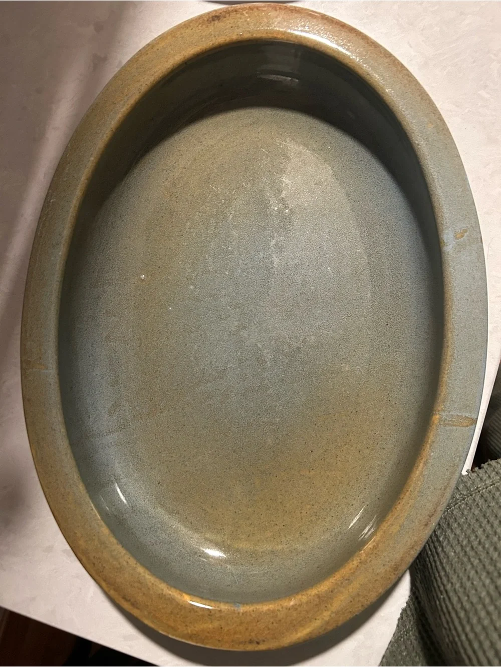 Oval Ceramic Baking Dish in Blue-Green and Tan